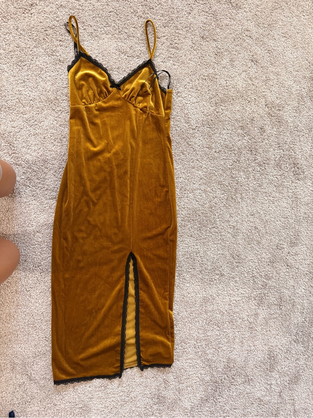 Forever 21 Mustard Gold Velvet Strapless Slip Dress with Black Lace Trim